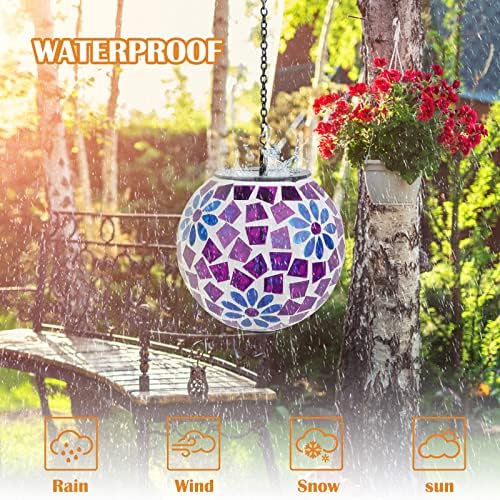 Mosaic Solar Lantern Outdoor Waterproof Glass Hanging Solar Lights, Purple - Image 4