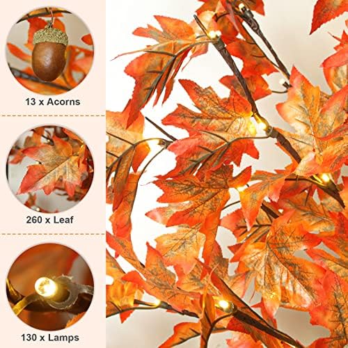 6FT 130 LED Lighted Maple Tree - Thanksgiving Decor Artificial Fall Tree with 13 Branches, 13 Acorns 260 Leaves, Remote 8 Flashing Modes, Timing, DC 5V Safe for Outdoor Wedding Party Autumn Decor - Image 2