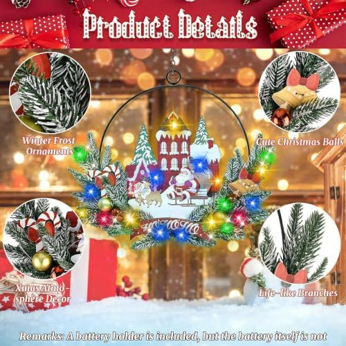 Pre-Lit Christmas Wreath for Front Door, Lighted Witch with 6H On/18H Off - Image 3