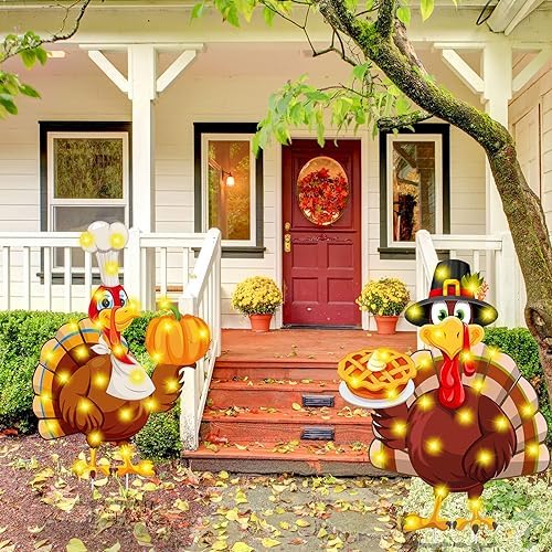Soaoo 2 Pack Thanksgiving Turkey Yard Signs with LED String Light Outdoor Fall Yard Decorations with Stakes Pumpkin Thanksgiving Lawn Garden Sign for Harvest Party Decorations, 32 x 12 Inch - Image 5