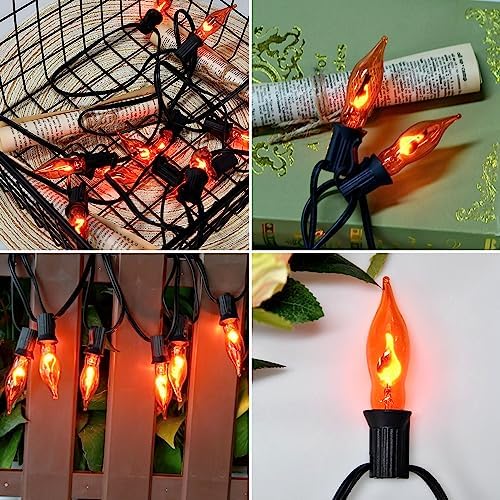 PASUTO Flickering Flame String Lights Orange Halloween Lights with 10 Pack C7 Orange Flickering Light Bulbs, 12.8Ft Flame String Lights for Fall Decor Halloween Decorations for Home Party Yard Porch - Image 4