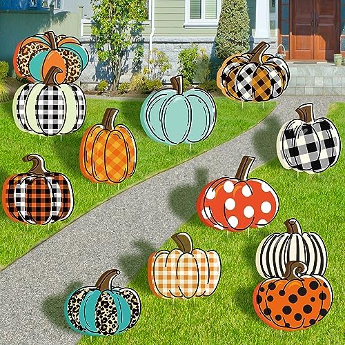 Quera 12Pcs Fall Yard Signs Plaid Pumpkin Yard Stakes Thanksgiving Outdoor Decoration Fall Harvest Autumn Yard Decorations Halloween Home Farmhouse Garden Wall Street Driveway Ornaments by Quera