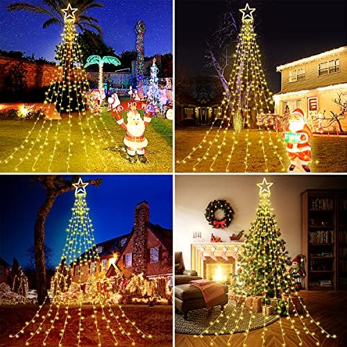 Christmas Decorations Star String Lights, 320 LEDs Outdoor Waterfall Tree Lights with 13" Topper Star, Plug in Waterproof Hanging Fairy Lights for Xmas New Year Holiday Party Yard Decor (Warm White) - Image 5