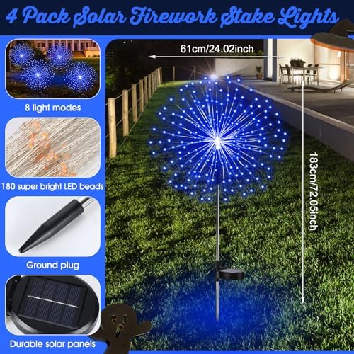 Tujoe 4 Pack Halloween Outdoor Decoration Solar Firework Lights,Blue - Image 2