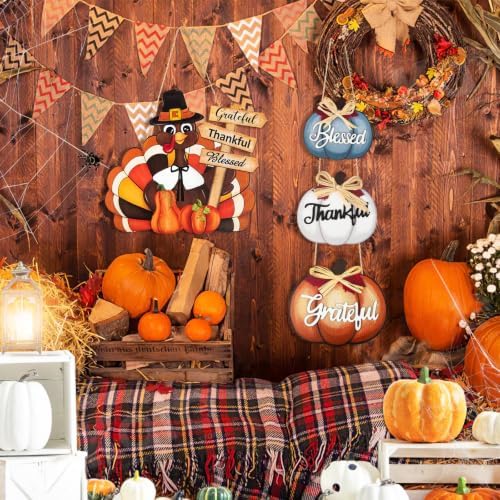 Thanksgiving Decoration Wood Pumpkin Turkey Door Wall Wreath for Front Door Sign Thankful Blessed Grateful, Pumpkin Sign for Fall Autumn Harvest Home Thanksgiving Party Outdoor Halloween Decoration - Image 4