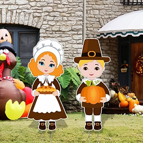 Large Thanksgiving Pilgrim Yard Sign Thanksgiving Harvest Theme Pilgrim Boy Girl Lawn Signs with Stakes for Fall Indoor Outdoor Decorations Autumn Office Farmhouse Garden Walkway Supplies Photo Props - Image 4