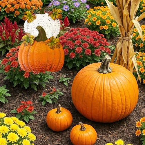 Set of 2 Rustic Metal Stacked Pumpkin Garden Stake Indoor Outdoor Welcome Decoration Hanging Metal Double Pumpkins Yard Signs for Fall Harvest Decor Thanksgiving Halloween Lawn Decoration - Image 4