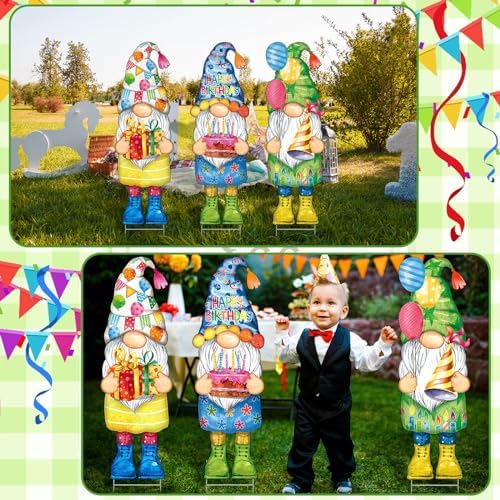 Umigy 3 Pcs 32 x 10 Inch Happy Birthday Yard Decor Outdoor Gnome Sign with Stakes Gift Boxes Cake Balloon Gnome Garden Sign Outdoor Yard Decor for Birthday Party Lawn Decorations - Image 5