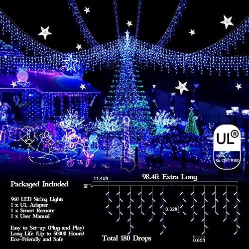 FLVOECN 98FT 960 LED Christmas Lights, Waterproof 8 Modes Ice Lights for Outside with Memory and Timer Hanging Fairy Lights Plug-in Curtain String Lights for Holiday Party Wedding Home (Blue) - Image 5