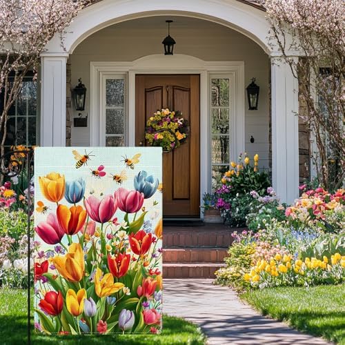 Spring Summer Tulip Garden Flag 12x18 Inch Double Sided, Colorful Welcome Yard Decor, Farmhouse Outdoor Flag for Lawn Patio Porch - Image 2