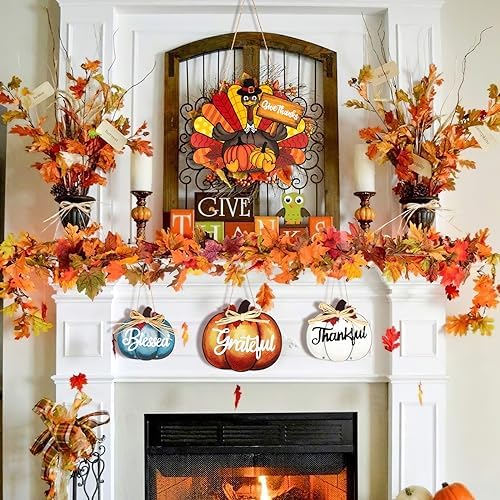 Thanksgiving Decoration Wood Pumpkin Turkey Door Wall Wreath for Front Door Sign Thankful Blessed Grateful, Pumpkin Sign for Fall Autumn Harvest Home Thanksgiving Party Outdoor Halloween Decoration - Image 5