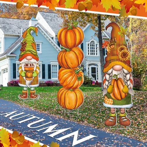 Umigy 3 Pcs Fall Gnome Yard Decor Cute Autumn Thanksgiving Gnome Yard Sign with Stakes 32 x 10 Inch Outdoor Lawn Decor, Outside Autumn Garden Decoration for Home Pathway Walkway - Image 5
