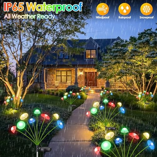 4PK 32LED Solar Garden Lights Outdoor, Mushroom Solar Lights Outdoor, IP65 Waterproof Firefly Light Outside Decor for Patio Pathway, Sway by Wind for Pathway Garden Mushroom Decorations, Multicolor - Image 3