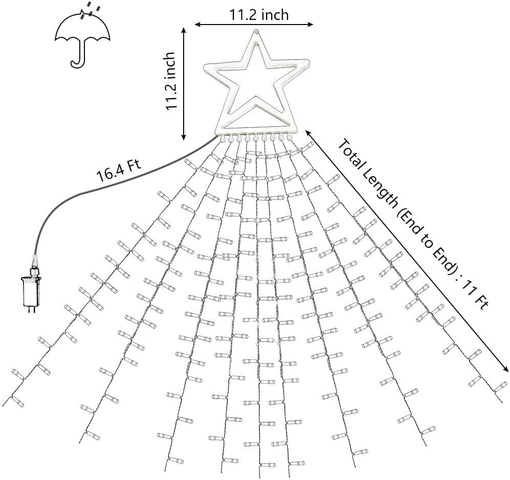Christmas Decorations Star String Lights, 320 LEDs Outdoor Waterfall Tree Lights with 13" Topper Star, Plug in Waterproof Hanging Fairy Lights for Xmas New Year Holiday Party Yard Patio Decor - Image 7