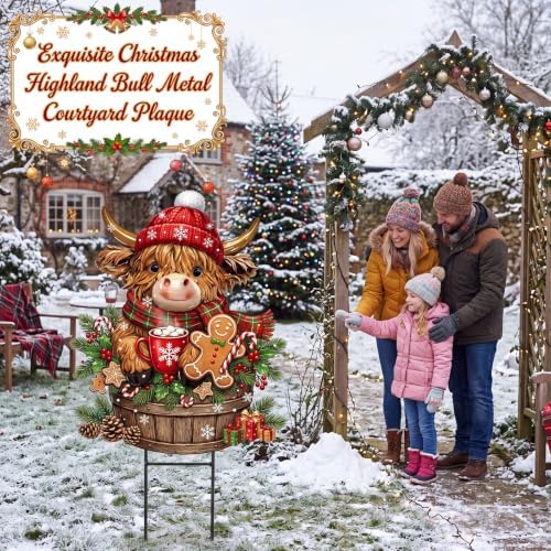 Amyhill Christmas Highland Cow Outdoor Decor Christmas Metal Yard Signs with Stakes Cow Gnomes with Santa Hat Decorative Lawn Sign for Indoor Outside Garden Pathway Walkway Xmas Party Decor - Image 5