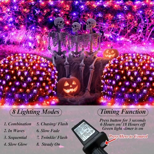 Lovelite 300LED Net Lights Halloween Decorations, 14.8ft x 5ft Outdoor Mesh Lights 8 Modes & Timer, Connectable Waterproof Christmas Light for Bushes Xmas Tree Party Garden Lawn, Purple Orange - Image 2
