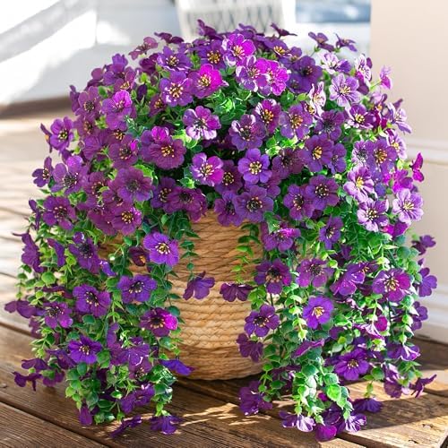 Artificial Faux Hanging Flowers Plants for Spring Outdoor Outside Decoration, 2 PCS Fake Silk Daisy with Eucalyptus UV Resistant Realistic Trailing Vines for Balcony Patio Porch (Dark Purple) by INSPRING