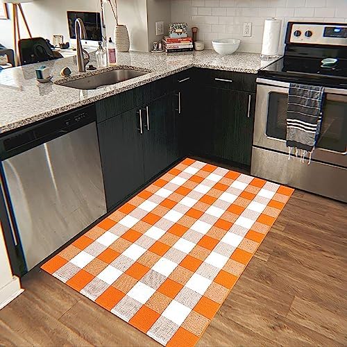 Fall Outdoor Rug Orange Buffalo Plaid Outdoor Rug Cotton Hand-Woven Buffalo Check Rug Layered Doormats for Front Door/Front Porch/Farmhouse/Entryway/Patio(Orange and White Plaid, 3' x 5') - Image 6