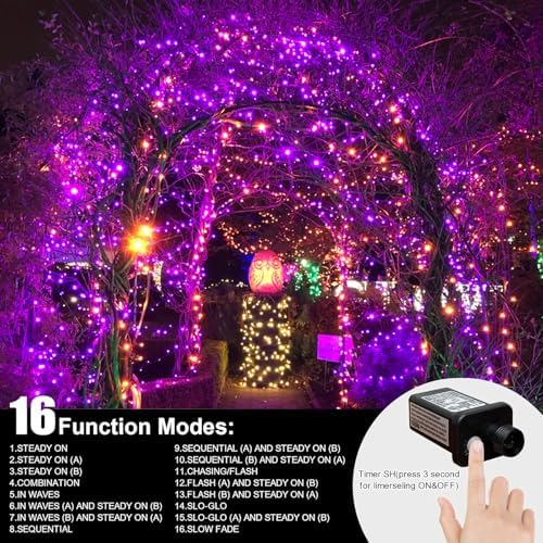LAMPHOME 33ft Halloween Decorative Mini Lights, 100 LED Transparent Wire Fairy Starry String Lights Plug in, 16 Lighting Modes, for Halloween Decoration Outdoor Party Decoration (Orange and Purple) - Image 4