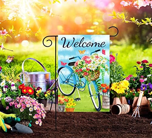 Texupday Welcome Blue Bicycle Flower Blooms Butterfly Decoration Spring Garden Flag Outdoor Yard Flag 12" x 18" - Image 6