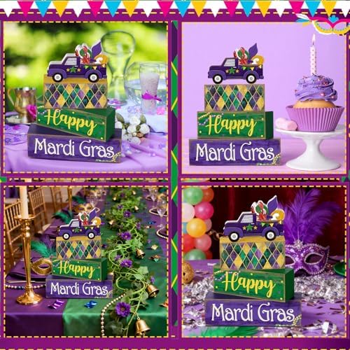 Lineshading 4 Pcs Mardi Gras Tiered Tray Decor Wooden Blocks, Truck - Image 4