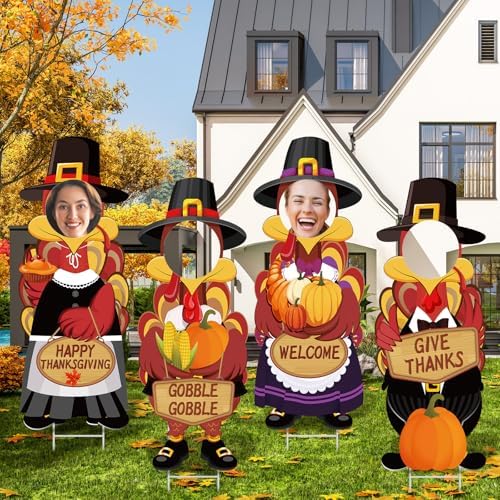 Chunful 4 Sets Thanksgiving Outdoor Decorations - Turkey Face Yard Signs with Stakes, Happy Thanksgiving Decor, Outdoor Turkey Pumpkin Leaf Harvest Garden Porch Signs, Lawn Yard Decor, 35 x 14 inch - Image 6