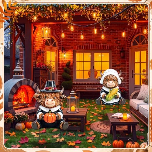 Amyhill 2 Pcs Thanksgiving Pilgrim Highland Cow Metal Garden Stakes Cow Figurines Outdoor Yard Decorations with Stakes Calf Statue Gifts Farmhouse Decor Sign for Home Lawn Porch Backyard Holiday Decor - Image 5