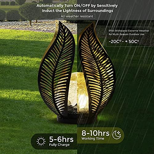 Solar Garden Lights Waterproof Decorations,Crackle Globe Glass,Metal Palm Leaf Solar Lights for Outdoor Decor On Garden,Patio,Yard,Front Porch,Tabletop Lamp-Perfect Gifts - Image 5