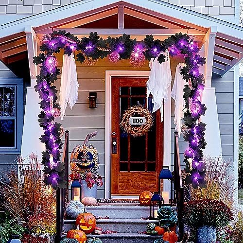 Halloween Black Leaf Garland with Purple Lights, 2 Pack - Image 6