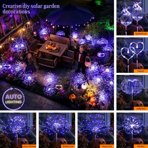 GIGALUMI 4 Pack Solar Firework Lights Outdoor, Halloween Decor, Purple - Image 2
