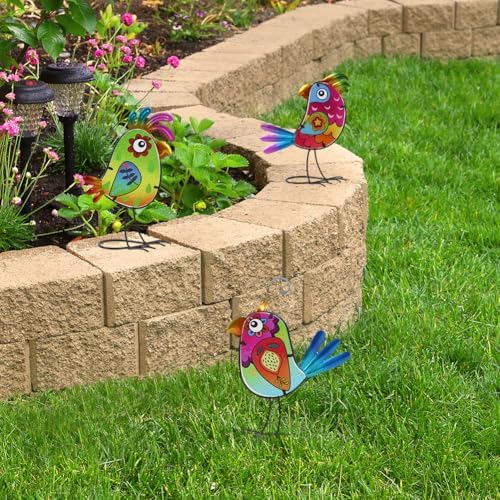 3 Pack Garden Outdoor Metal & Glass Bird Yard Art Decor, Yard Art Decoration for Porch Patio, Garden Statues Sculpture Gifts for Grandma Mom Women (Colorful) - Image 2