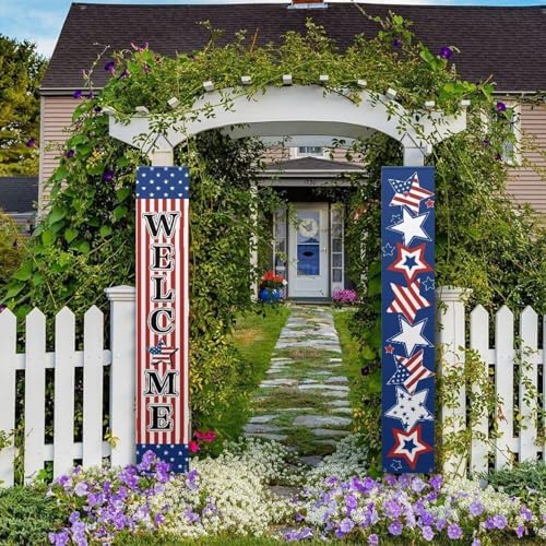 doginthehole Patriotic 4th of July Independence Day Porch Sign Decor Memorial Day Hanging Sign Door Banner for Front Door Farmhouse Outdoor Indoor Welcome Signs Decorations, 2pcs Set - Image 5