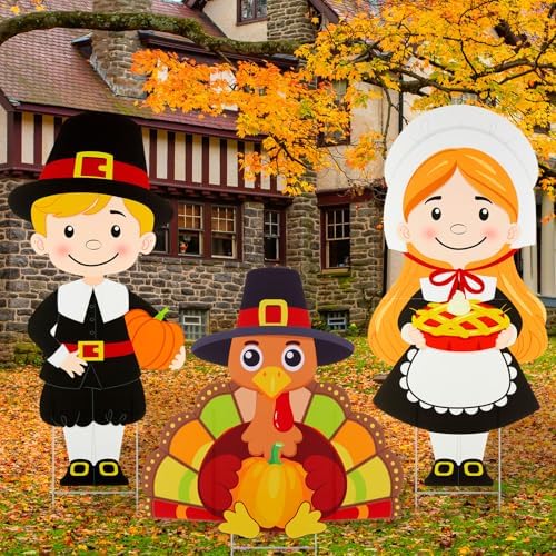 3 Pcs Thanksgiving Pilgrims Turkey Yard Signs with Stakes Fall by Unknown