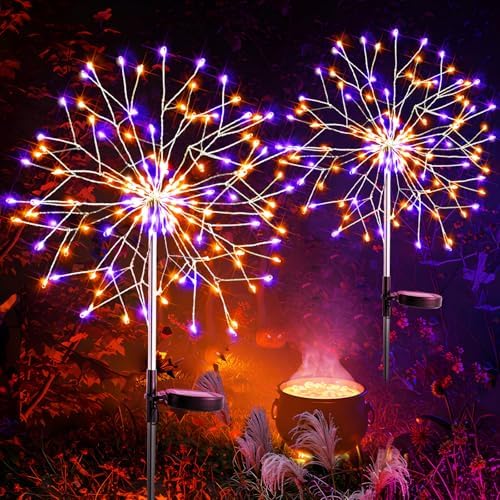 suddus Solar Halloween Lights Outdoor Solar Powered, Upgrade 2-Pack Orange & Purple Solar Firework Lights, Waterproof Garden Light for Yard Pathway Patio Flowerbed Halloween Decorations by SUDDUS