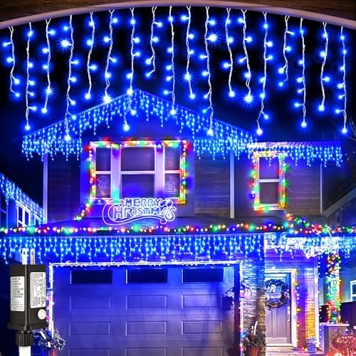 99ft Blue Christmas Lights Outdoor, 1216 LED Icicle Lights for Outside House with Clear Wire 8 Modes Timer, Plug in Waterproof for Home Holiday Eaves Yard Party Tree Room Wall Indoor Decoration by Nielfoi
