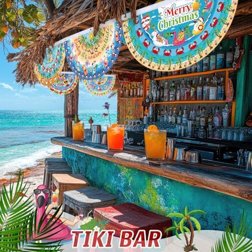6 Pcs Summer Christmas Bunting Fan Flag July Summer Bunting Flag Hawaii Santa Flamingo Palm Tree Garden Half Fan Banner Decoration for Hawaii Beach Pool Outdoor Yard Decor, 1. 5 x 3 ft - Image 4