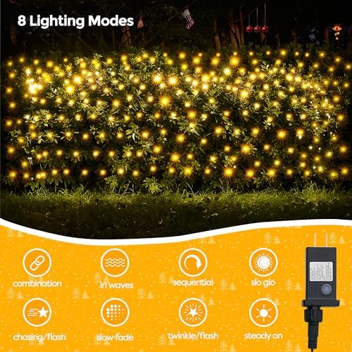 WBao Outdoor Christmas Lights 200LED F8 Big Bulbs, 8.4ft x 5.2ft Christmas Net Lights with 8 Modes, Timer, End to End Connectable, Waterproof for Lawn, Bushes Outdoor Xmas Decorations, Warm White - Image 3