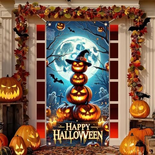 BlissYard Halloween Door Cover Pumpkin Tower Graveyard 71 x 35 Inch - Image 2