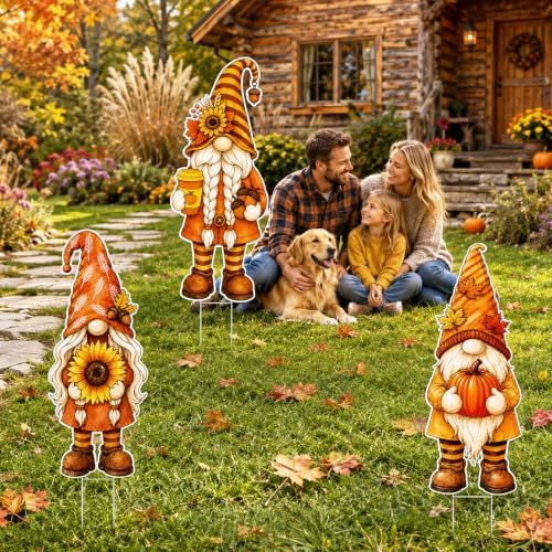3 Pcs Fall Yard Decoration Autumn Gnome Yard Sign Stakes Outdoor Lawn Decor - Image 5