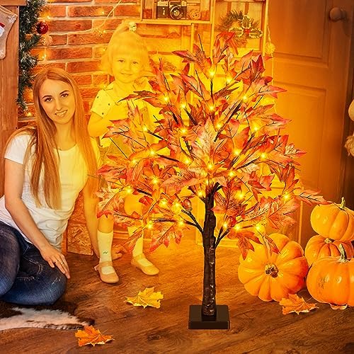 FastDeng 2FT Fall Lighted Maple Tree, 24 Inch Tabletop Artificial Tree with 36 LED Lights, 72 Leaves, 6 Acorn, Timing Battery Operated with Burlap Base for Indoor Autumn Harvest Home Decor - Image 5