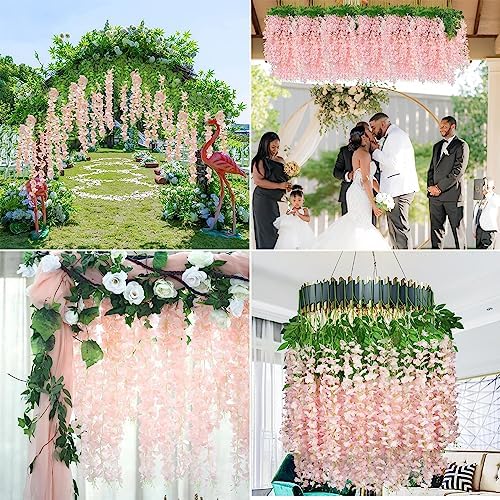 Wisteria Hanging Flowers 12 Pack Artificial Flowers Fake Wisteria Vine Rattan Hanging Garland Silk Flowers String for Party Home Wall Greenery Wedding Decor (Light Pink) - Image 5