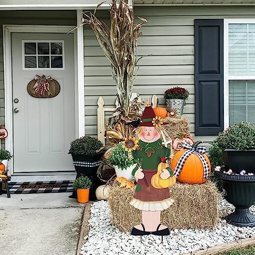YEAHOME Outdoor Fall Decor, Metal Girl Scarecrow Garden Stakes with Sunflowers & Pumpkin for Fall Decorations, Scarecrow Yard Signs for Outside Garden Lawn Porch Thanksgiving Decorations Outdoor - Image 6