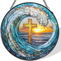 Cross Coastal Ocean Stained Glass Window Hanging Suncatcher, Christian Beach Wave Sun Catcher Indoor Window Decor Gifts, Religious Painted Glass Round Wall Hanging Decorations 7.8x7.8 in by Unknown