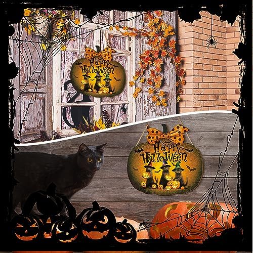 Huwena Halloween Decorations Wooden Black Cat Door Wreath for Front Door Sign Vintage Happy Halloween Pumpkin Wreaths Sign Hanging for Home Wall Decor Outdoor Indoor Farmhouse Party Supply - Image 5