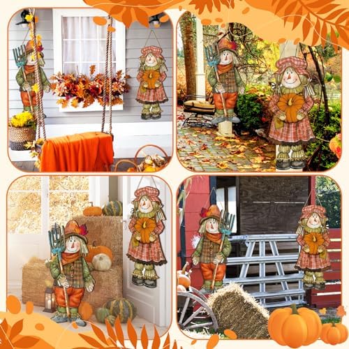 Barydat 2 Pcs Fall Scarecrow Hanging Sign Wooden Door Decor - Image 6