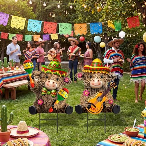 Amyhill 2 Pcs Cinco De Mayo Highland Cow Garden Stakes, Mexican Fiesta Metal Outdoor Decor, Western Cowboy Welcome Yard Signs for Patio, Lawn, Walkway, Garden, Cinco De Mayo Party Decorations - Image 2