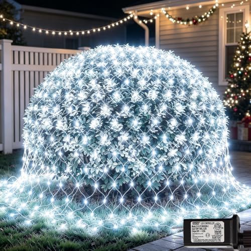 300 LED Net Lights for Bushes, 14.8ft x 5ft 8 Modes Christmas Outdoor Mesh Lights Connectable, Waterproof Decorative String Light Plug in for Xmas Tree Garden Wedding Party (Clear Wire, White) by Lovelite