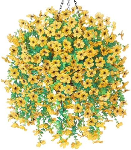 HyeFlora Artificial Hanging Flowers Basket for Outdoor, Fake Flowers Faux Plants Look Real for Yard Gardens Porch Patio Home (Yellow) by HyeFloraartificialflowers
