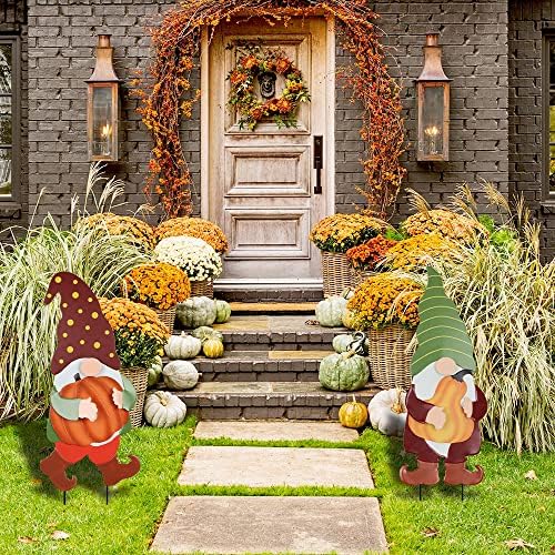YEAHOME Fall Decorations for Home Outdoor, 2 Pack 25" Decorative Garden Stakes with Gnomes Pumpkin for Fall Decor, Metal Yard Signs for Outside Garden Lawn Porch Patio Thanksgiving Decorations - Image 2