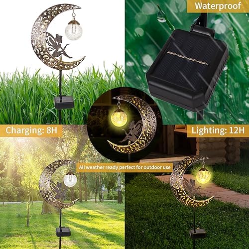 Solar Garden Lights Outdoor Decor,Moon Fairy Crackle Glass Lights,Waterproof Warm White LED Metal Stake Ornament,for Walkway Backyard Patio Lawn Pathway Decorations-Unique Gift Ideas for Gardening - Image 4